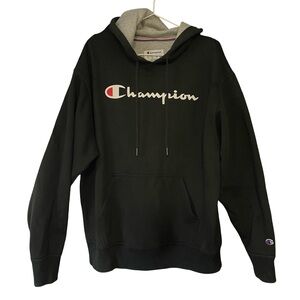 Champion Black Logo Hoodie Pullover Sweatshirt Large Casual Streetwear